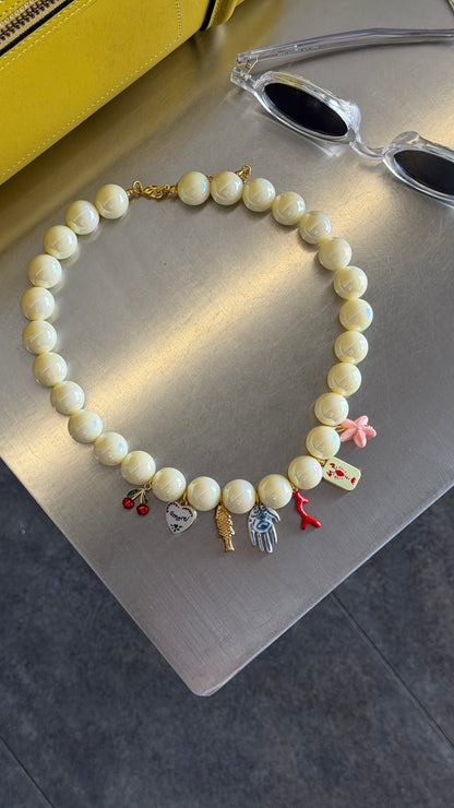 Butter Yellow Beaded Charm Necklace