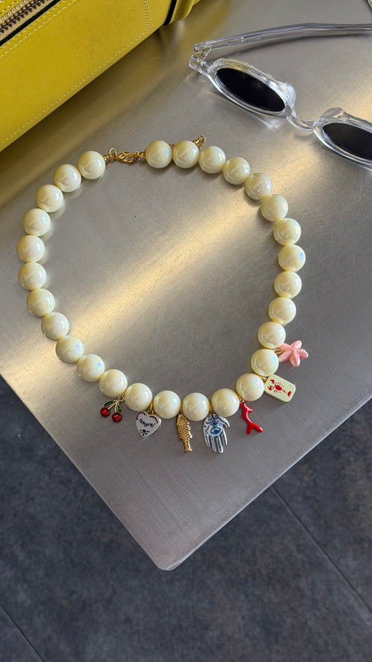 Butter Yellow Beaded Charm Necklace